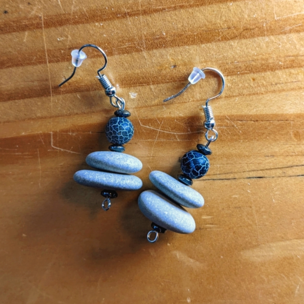 Lake Stone Earrings with Crackled Glass Beads